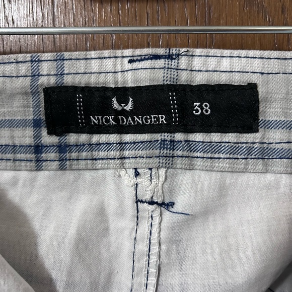 Nick Danger Men's White Plaid Cargo Shorts with Blue Accents - Picture 2 of 6